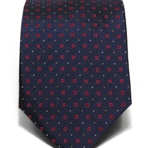 Cravatta sette pieghe jacquard blu navy con micro motivo geometrico rosso e giallo - Cravattificio Italiano