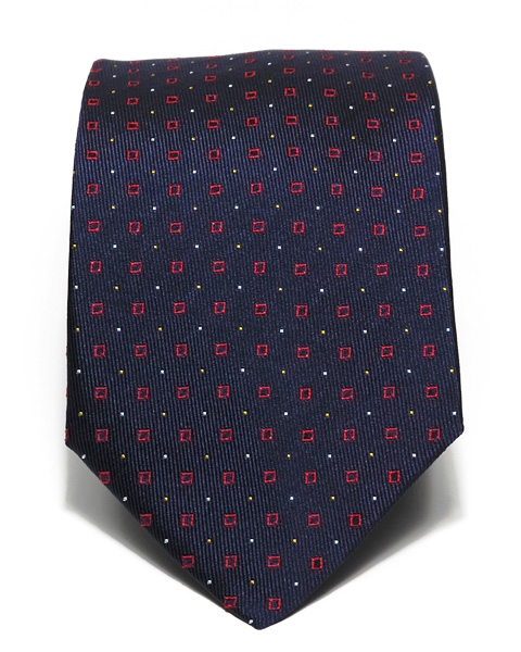 Cravatta sette pieghe jacquard blu navy con micro motivo geometrico rosso e giallo - Cravattificio Italiano