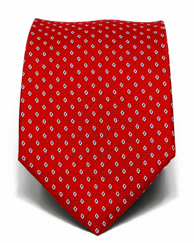 Cravatta sette pieghe jacquard rosso vivo con micro motivo azzurro e bianco - Cravattificio Italiano