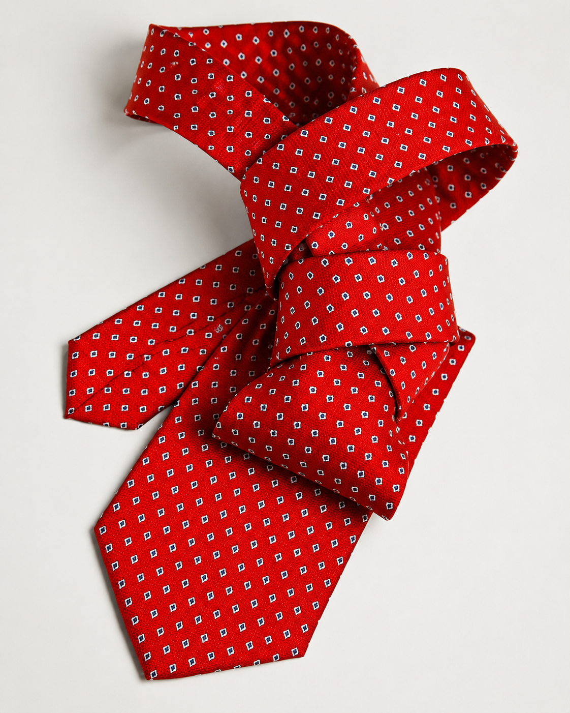 Seven-fold tie in jacquard silk - Bright red with small light-blue and white motif - Image 2