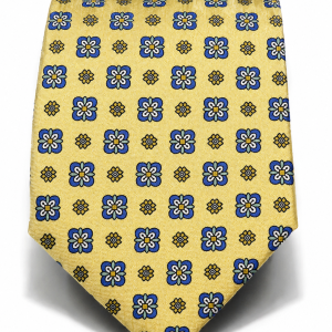 Classic tie in printed silk - Lemon yellow with blue, white and gold floral pattern