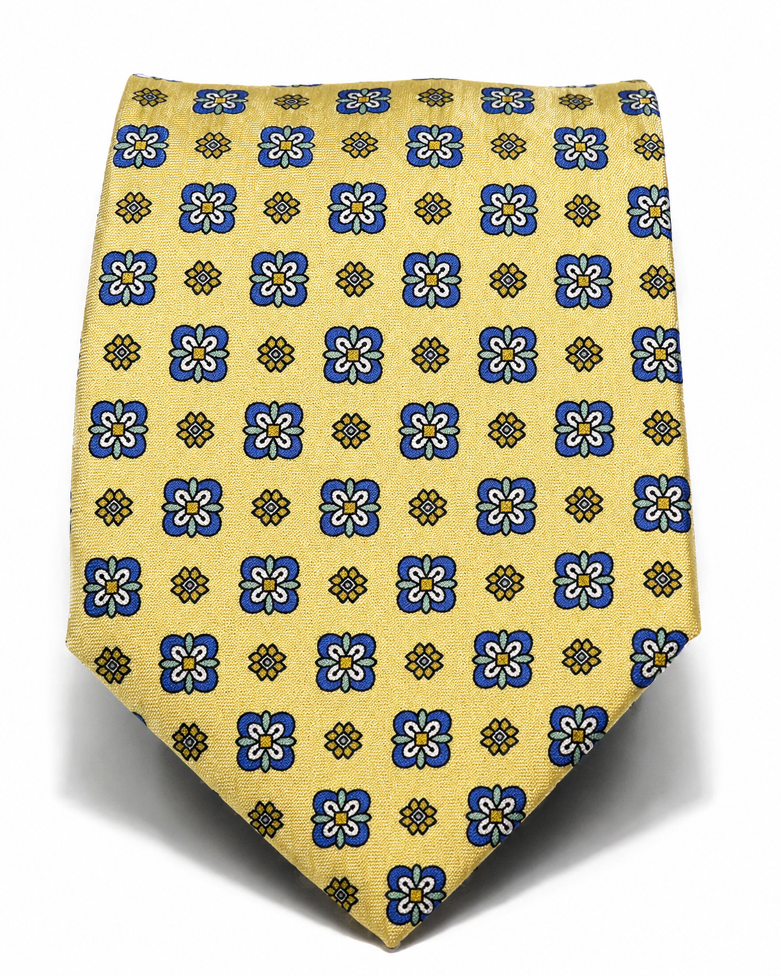 Classic tie in printed silk - Lemon yellow with blue, white and gold floral pattern