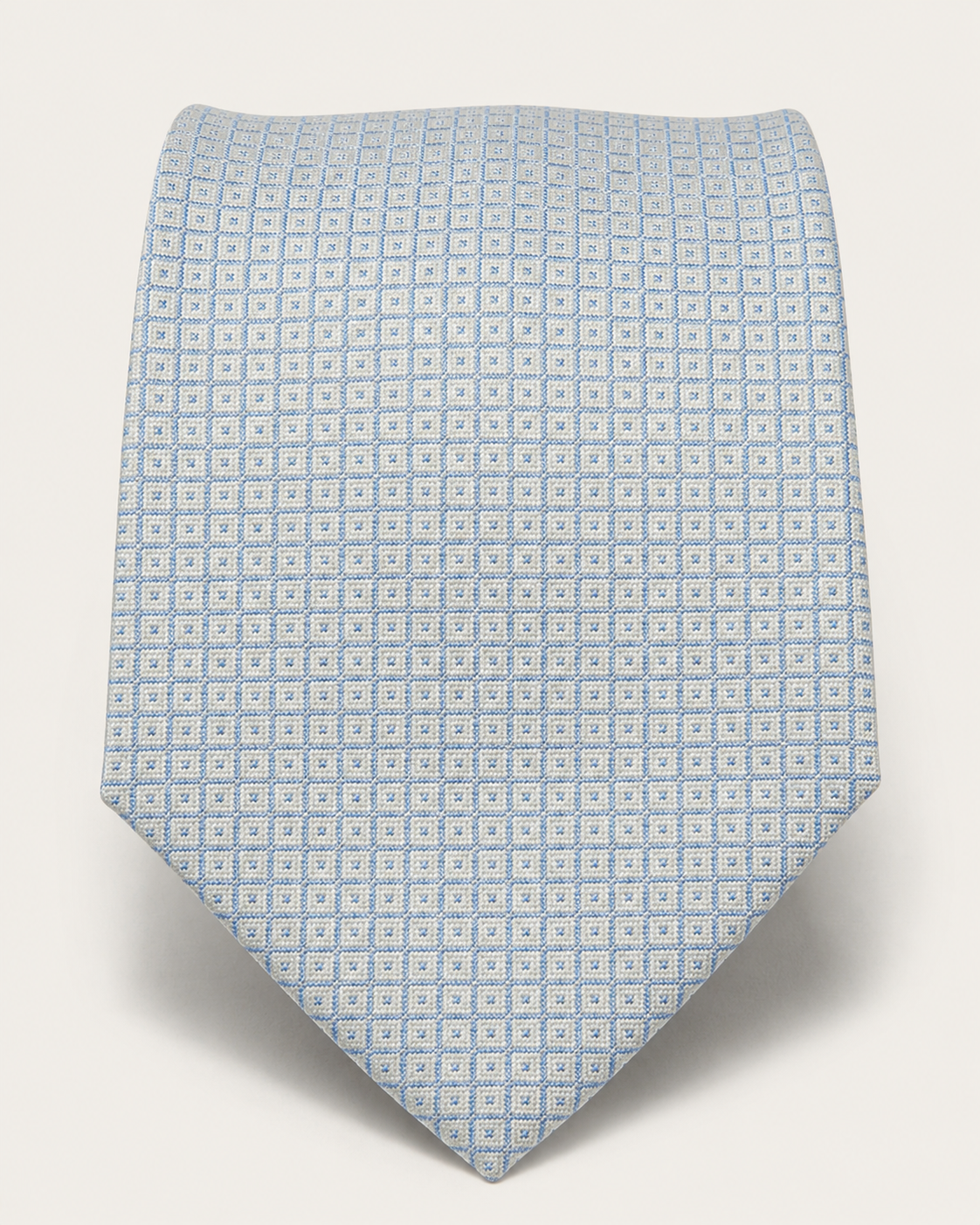 Classic tie in jacquard silk - Pearl grey with small light-blue checks