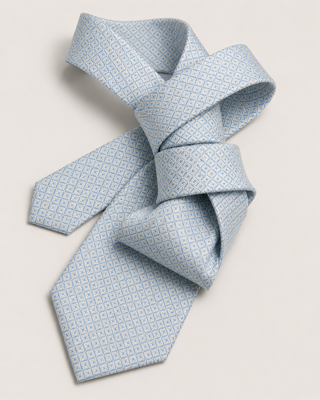 Classic tie in jacquard silk - Pearl grey with small light-blue checks - Image 2