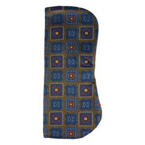 Portaocchiali / pochette stampata Marrone oliva con fantasia geometrica blu, bordeaux e oro