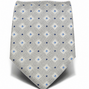 Cravatta sette pieghe stampata Grigio con micro fiori bianchi e pois blu