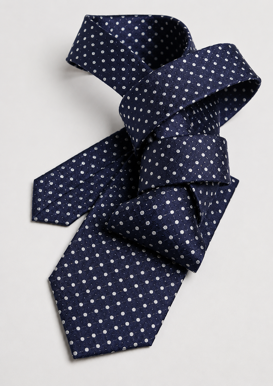 Seven-fold jacquard tie - Navy blue with small white polka dots - Image 2