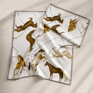 Printed silk foulard - White with black, tan leather and grey borders