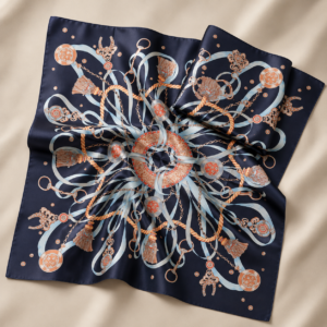Printed silk foulard - Black with pale blue, copper, orange and red details