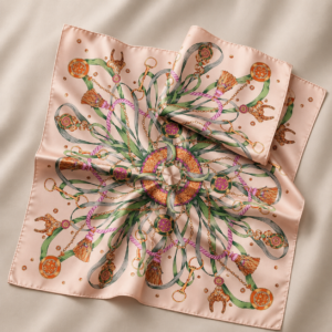 Printed silk foulard - Powder pink with green, fuchsia, gold and tan leather details