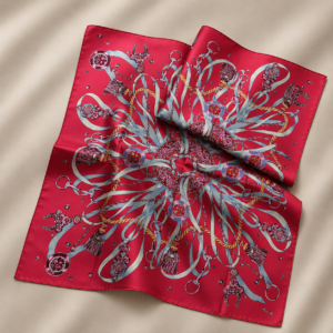 Foulard in seta stampata rosso fragola con dettagli azzurro chiaro, bianco, oro e bordeaux